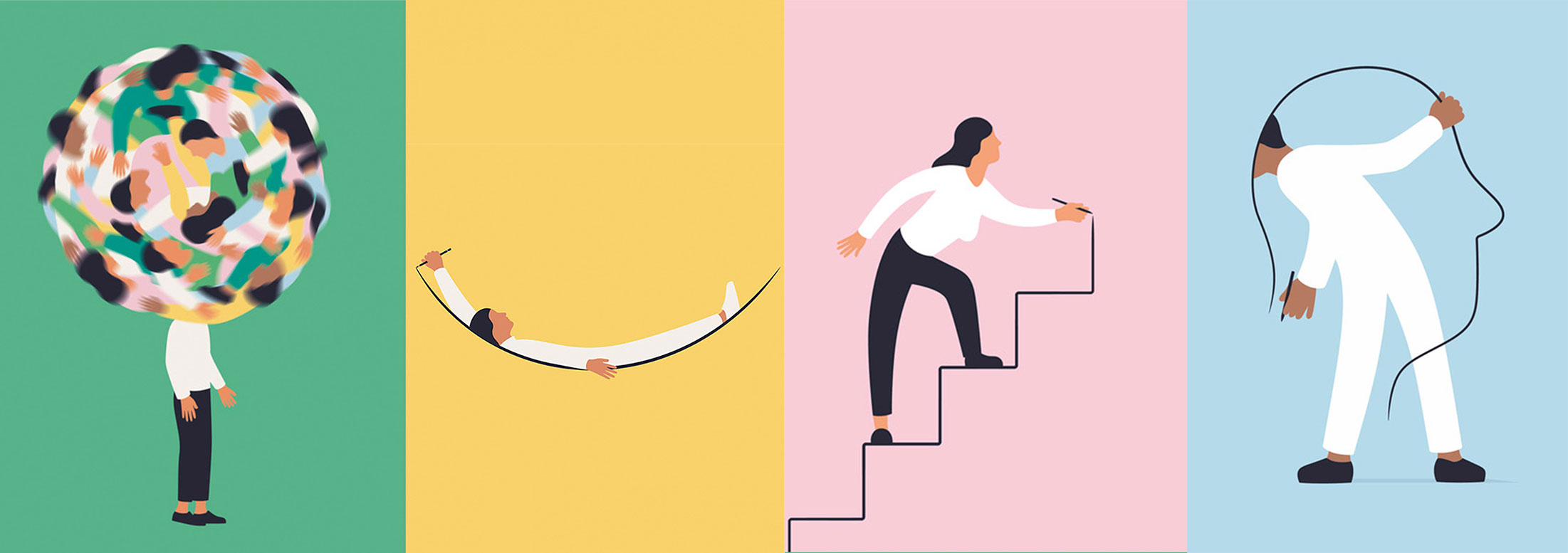 Illustrationen zu Belastung, Erholung, Entwicklung und Selbstreflexion